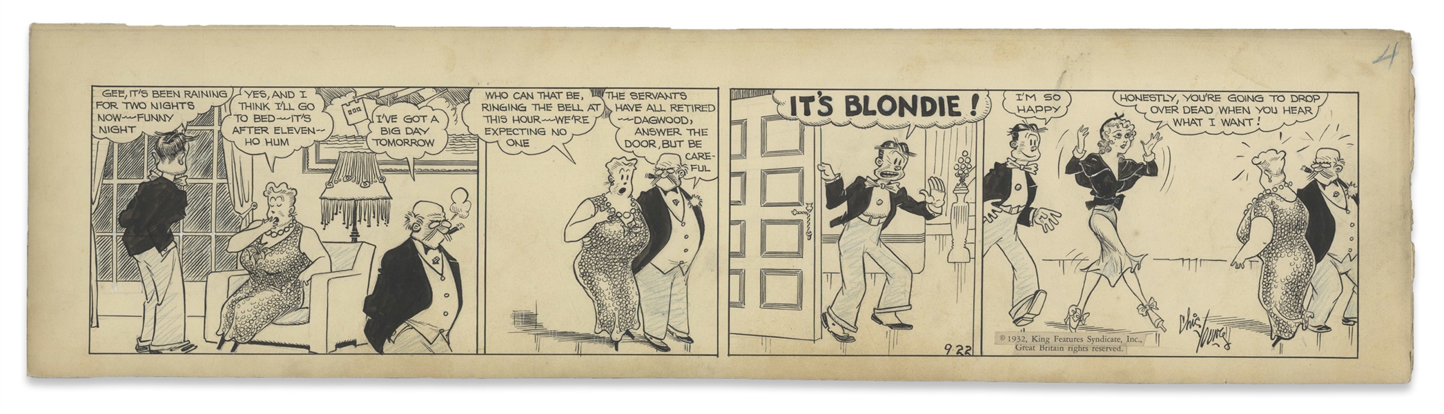 Chic Young Hand-Drawn ''Blondie'' Comic Strip From 1932 Titled ''Unexpected Company'' -- Dagwood Exclaims, ''It's Blondie!''